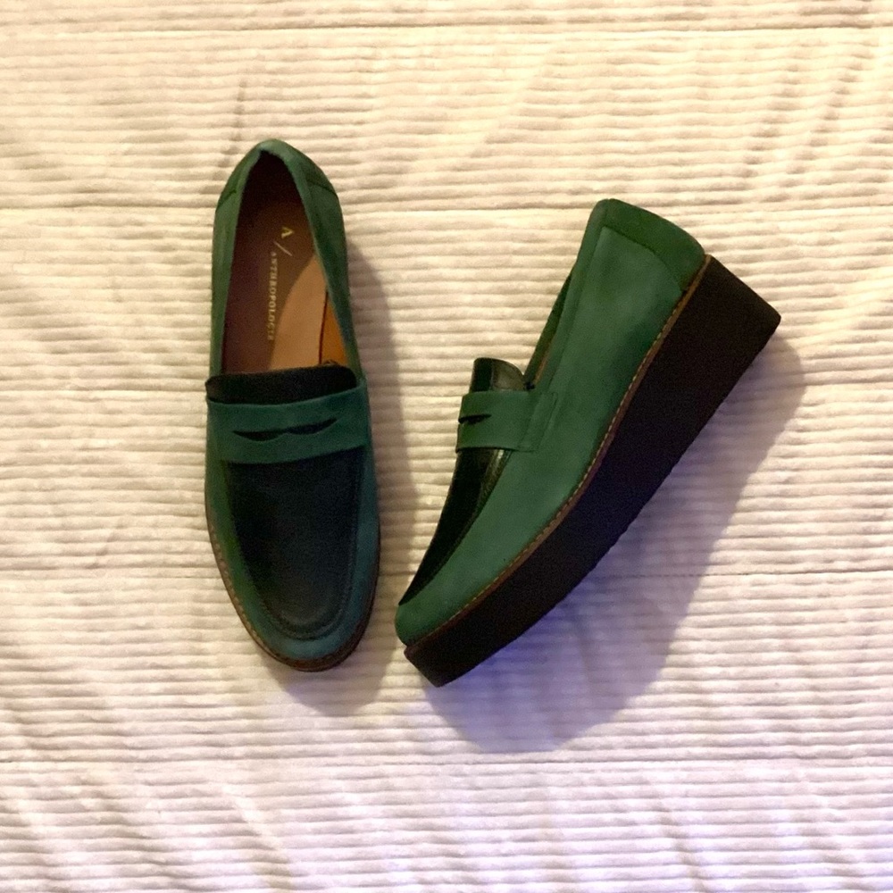 Women’s NIB deep green ANTHROPOLOGIE platform loafers/ size 8.5